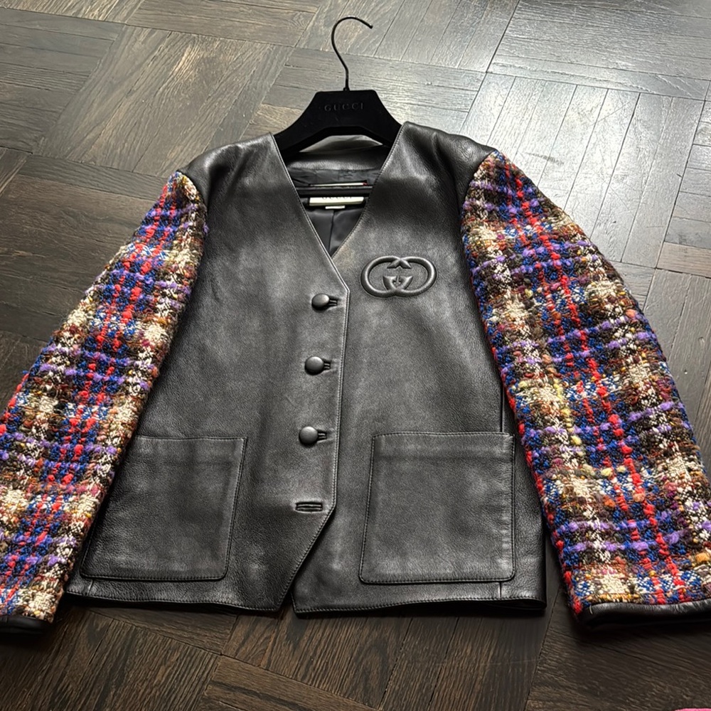 Authentic Gucci Black Leather Jacket with Multicolor Tweed Jacket size 34